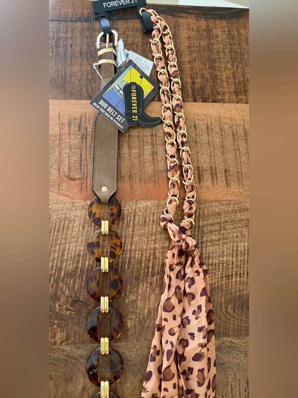 Forever 21 Leopard Print Scarf and Tortoiseshell Accent Duo Belt Set Size L/XL